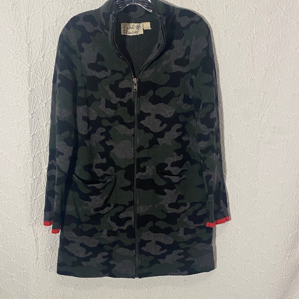 Field Flower by Anthropologie Green Camo 100% Wool Sweater Coat Cabincore